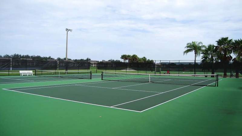 014 - An empty Vista Plantation tennis court with a green surface and white markings, surrounded by palm trees under a cloudy sky_
